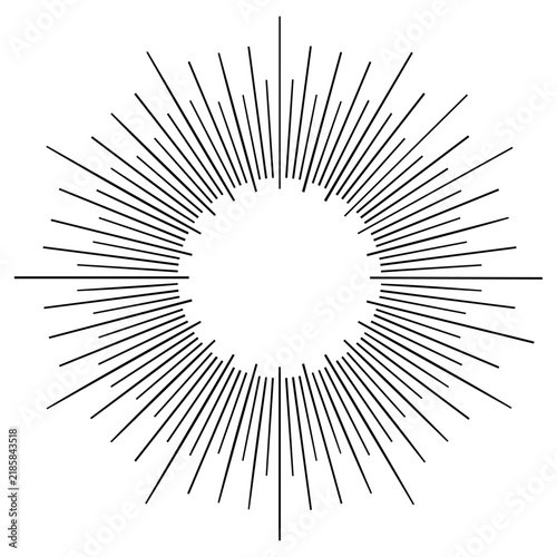 Radial burst icon, circular sunburst rays, geometric line symbol and abstract monochrome vector graphic