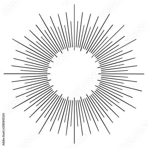 Radial burst icon, circular sunburst rays, geometric line symbol and abstract monochrome vector graphic