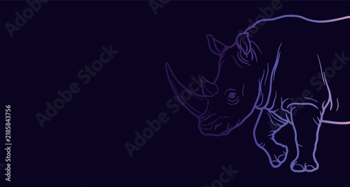 Wild rhinoceros head sketch, horned rhino safari banner, glowing purple mammal line art, dark savannah nature background border, vintage engraved herbivore beast drawing, fantasy endangered animal ill