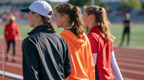 Three teenage friends from a community athletics club doing a group warm up walk on the outdoor track, coach watching from the infield, early competitive season energy, focused