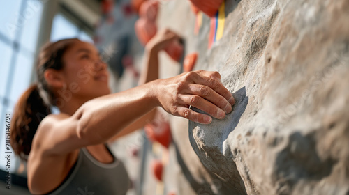 Close-up hands of female rock climber gripping competition hold on artificial wall, finger tendons tense, colorful route markers, indoor climbing competition, sport climbing