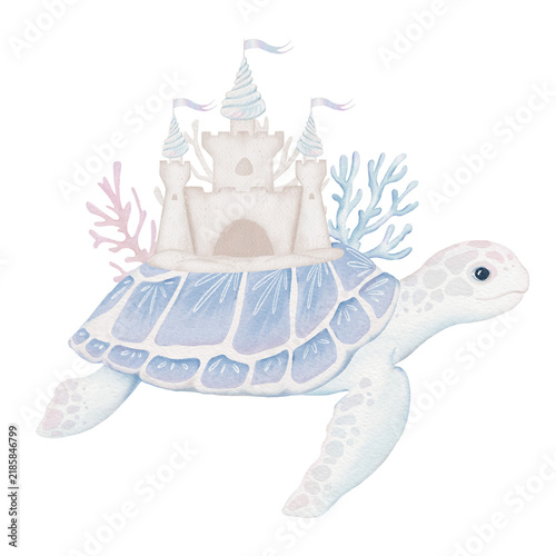 Children's watercolor illustration of a turtle and a sand castle