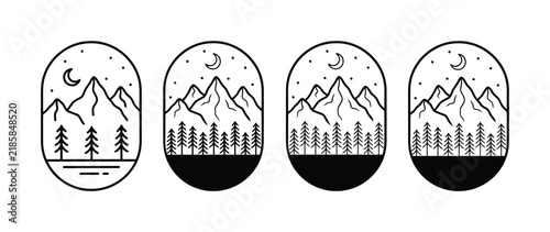 Set of minimalist mountain and forest night landscape badges