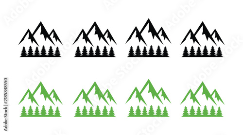 Set of minimalist mountain and pine forest in black and green