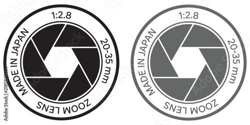 Camera lens aperture icon with zoom lens specifications