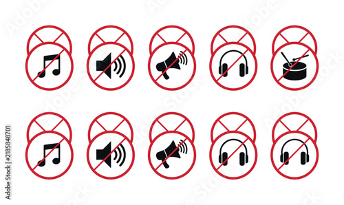 Set of no noise and silence prohibition sign on white background