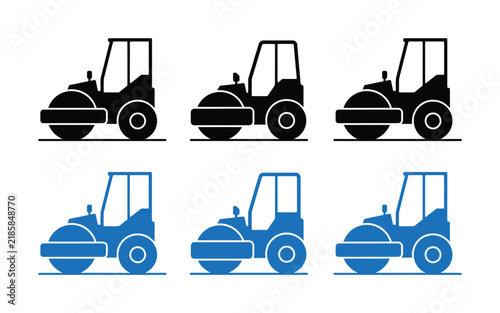 Set of road roller construction vehicle in black and blue