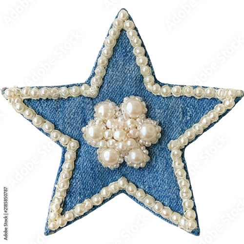 Konstfotografi Star ornament with white pearls on denim surface, creating a decorative embellis