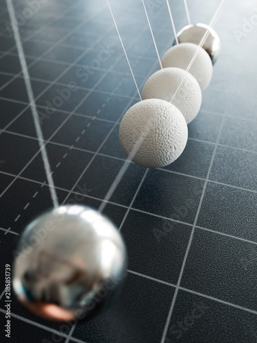 Newton's cradle balls demonstrating teamwork and momentum transfer in business
