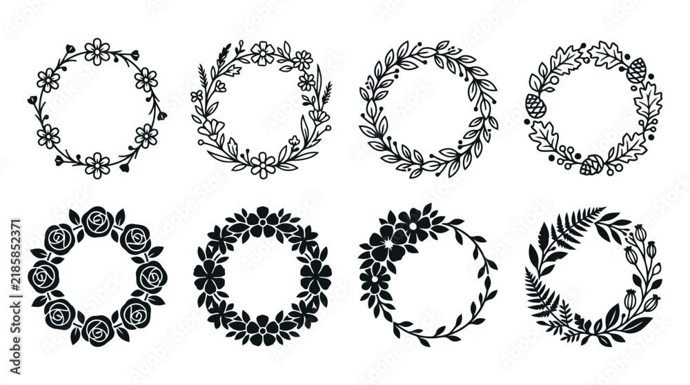 Fototapeta premium Set of eight circular floral wreaths and botanical frames line art with floral wreath flower circle round border
