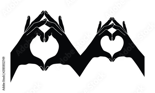 Silhouette of human hands forming two heart shapes isolated on white background