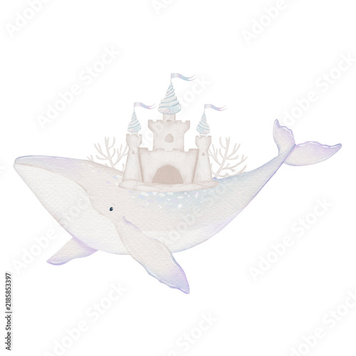 Watercolor children's illustration of a whale with a sand castle