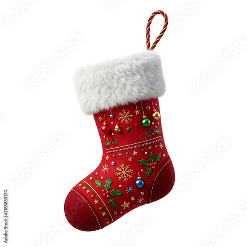 Christmas stocking filled with embroidery and ornaments.