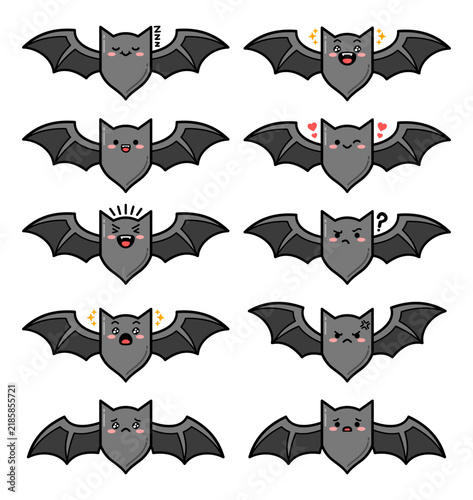 Cute Kawaii Halloween Bat Character Set with Different Emotions