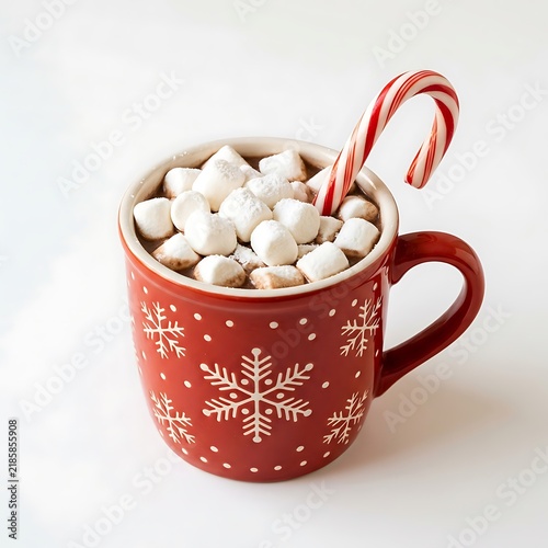 Hot chocolate in red mug with marshmallows and candy cane.
