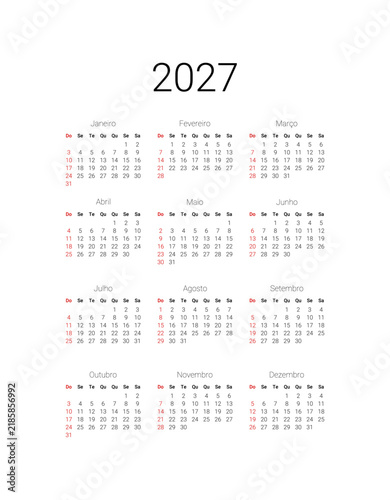2027 Calendar in Portuguese. Calendar template for Brazil start from Sunday. Full months for wall calendar, isolated wall background