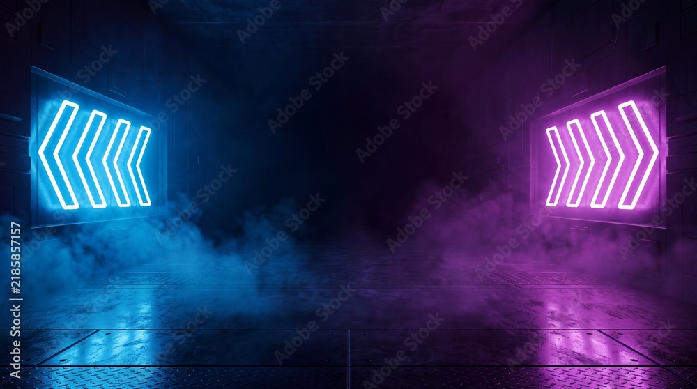Fototapeta premium Symmetry of blue and pink neon arrow lights in industrial dark hallway with metallic texture and mist.