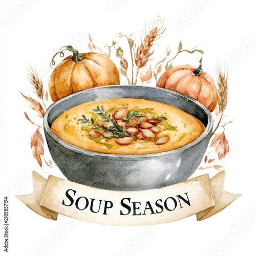 Warm and inviting bowl of creamy pumpkin soup surrounded by autumn harvest decor