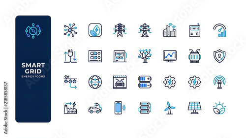 Smart Grid Energy Icons with Renewable Sources and Connectivity Concepts
