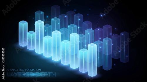 Futuristic 3D Data Visualization and Analytics Infographic Background in Blue Neon