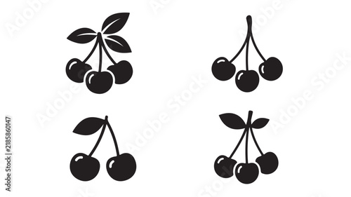 Minimalist cherry icon set, black silhouette fruit vectors, 4 organic cherry berry elements for food branding and menu design
