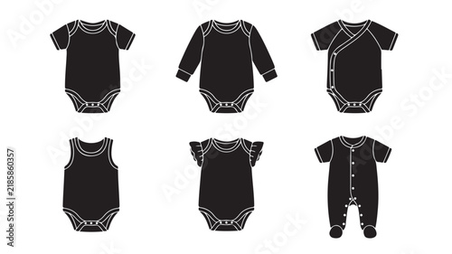 Minimalist baby bodysuit icons, black infant clothing silhouettes, set of 6 newborn apparel vectors for retail and fashion design