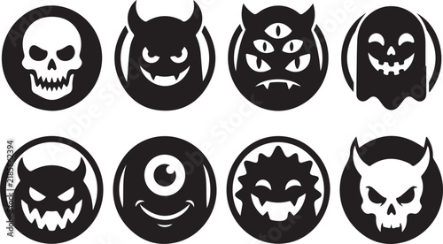 Collection of black circular monster and ghost icons with various spooky expressions isolated on a white background, halloween decorations, stickers, and themed projects