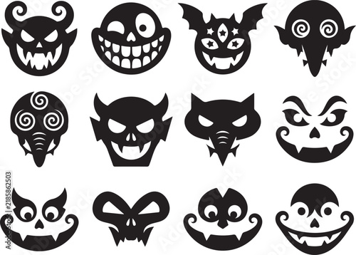Set of twelve black monster and creature face silhouettes with unique spooky expressions and isolated on a white background, for halloween themed, projects and
