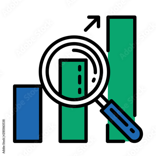 Business growth analysis concept with bar chart and magnifying glass vector icon