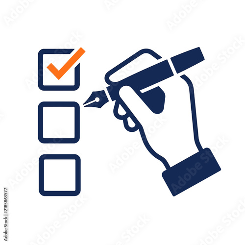 Hand holding fountain pen checking a checklist on a white background