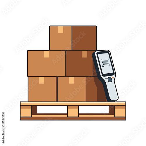 Illustration of a barcode scanner held against a stack of cardboard shipping boxes on a pallet