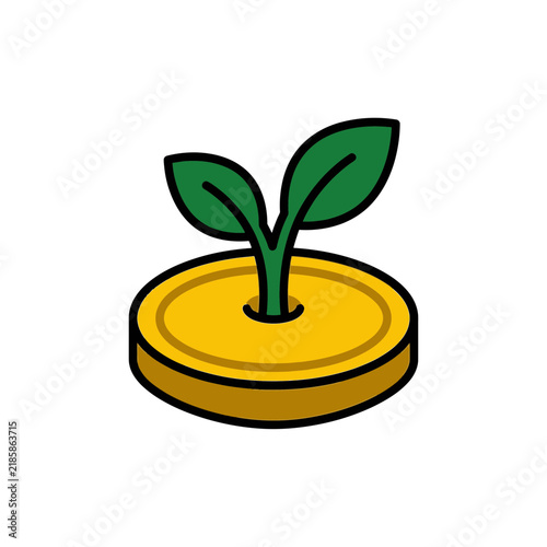 Minimalist business concept illustration of a green sprout growing from a golden coin