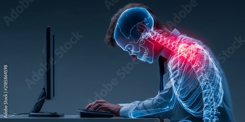 Businessman working at desk with x-ray view highlighting neck strain and shoulder pain in red glow.