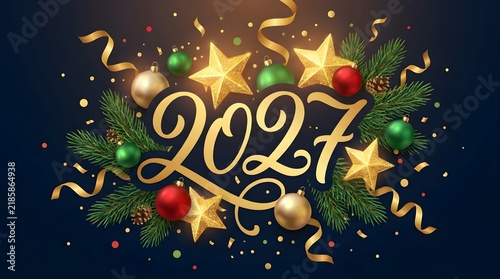 Happy new year 2027 golden text sign with shiny stars and colorful christmas tree balls decorations on a dark black background for a festive holiday greeting card design celebration