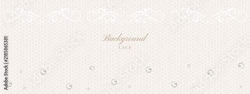 Lace background, horizontal white elegant texture vector banner with pearl beads, floral mesh pattern and scroll ornament. Vintage wedding invitation layout, decorative border design template.