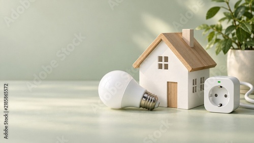 House Model with LED Bulb and Smart Plug on a Green Surface