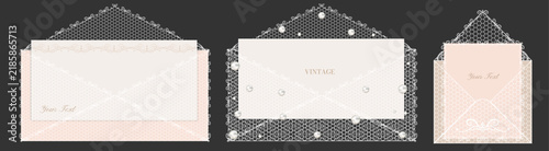 Lace invitation template set with vintage envelopes and cards in cream, blush, and white. Horizontal and vertical layouts with ornate mesh patterns for wedding stationery, greeting cards, and elegant 