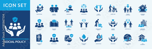 Social Policy icon set. Thin flat blue Set contains such Icons as education reform, labor rights, social justice and more. Simple web icons set

