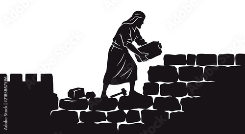 Nehemiah Rebuilding Jerusalem Wall, Stone Mason Building Broken City Ramparts, Book of Nehemiah Old Testament Biblical Vector Silhouette