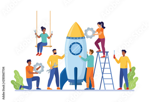 Diverse team collaborating to build and repair a space rocket