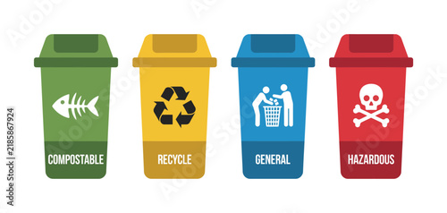 Four colorful waste sorting bins for recycling and waste management