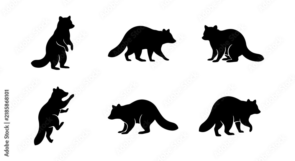 Fototapeta premium Raccoon Silhouettes Collection, Six Vector Icons, Wildlife Animal Poses, Black and White Graphic Elements, Nature Mammal Art