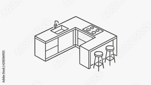 Bild auf Leinwand Isometric kitchenette with sink stove and bar seating setup