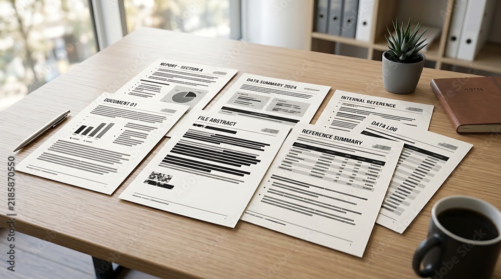 Obraz premium Documents with charts and data tables arranged on a wooden office desk