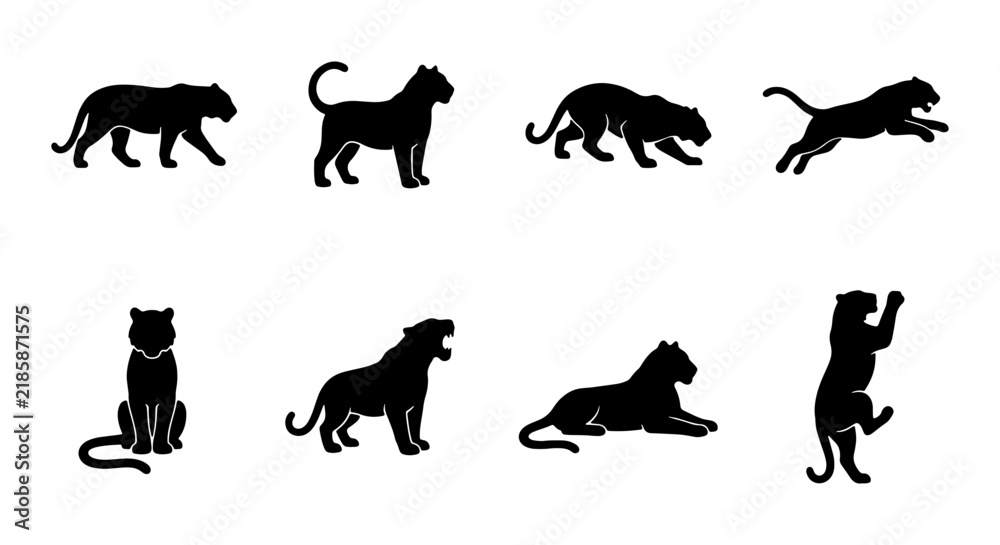 Obraz premium Black Panther Silhouette Set, Wild Cat Vector Icons, Big Cat Poses Collection, Feline Animal Graphics for Design