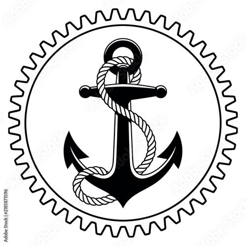 Foto Nautical Emblem: A classic anchor, symbolizing maritime strength and stability, is intricately intertwined with a thick rope and encased within a decorative gear, representing industry and tradition