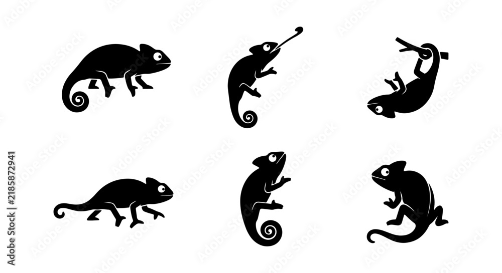 Obraz premium Chameleon Icon Set, Reptile Silhouette Collection, Animal Vector Graphics, Wildlife Art, Nature Elements, Tropical Creatures, Lizard Art