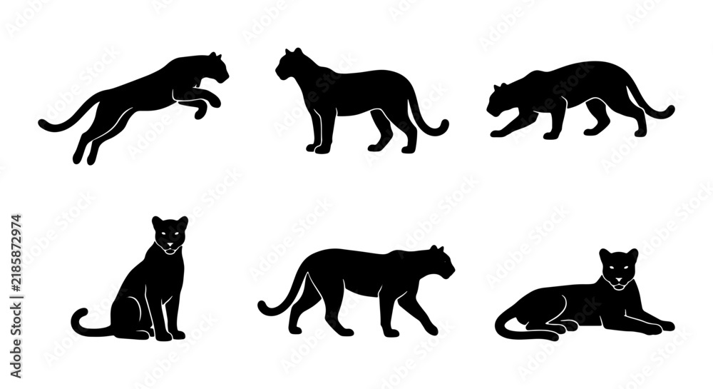 Obraz premium Black Panther Silhouettes Set, Wild Cat Vector Icons, Big Cat Poses, Feline Animal Graphics, Elegant Predator Collection, Minimalist Wildlife Art