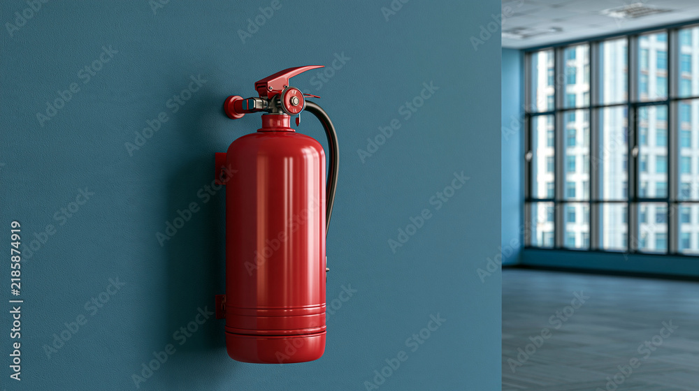 Obraz premium A bright red fire extinguisher mounted securely on a blue office wall in a modern corporate building. Essential safety equipment concept for workplace hazard prevention and building compliance.