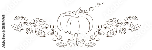 Horizontal autumn pumpkin garland vignette with symmetrical leaves and foliage on a white background. Hand drawn line art illustration ideal for fall page dividers, seasonal borders, and card headers.